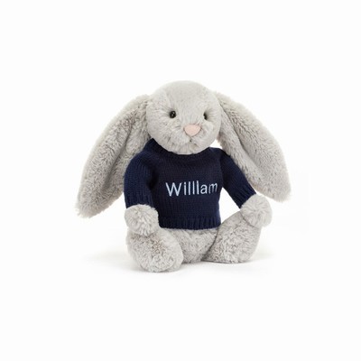 Jellycat Bashful Silver Conejo with Navy Jumper | CUSM-76850